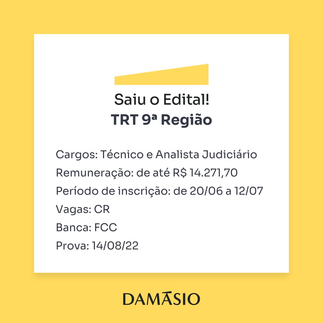DamasioRio's tweet photo. Confira o edital para concurso no Tribunal Regional do Trabalho da 9ª Região: https://t.co/ww5waU3C5q
#edital #concursopublico https://t.co/4Srfl616HE