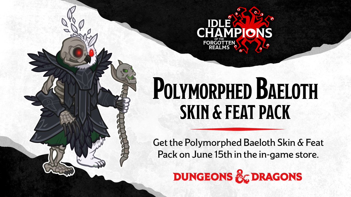 Mark_Meer's tweet photo. Baeloth Barrityl as an Undead Owlbear? Egads!
Get the Polymorphed Baeloth Skin & Feat Pack on June 15 in the @idlechampions in-game store to relive Baeloth’s recent shenanigans in the Shadowfell!
#DnD #DungeonsAndDragons #IdleChampions #Baeloth #CourtOfTheRavenQueen #Owlbear https://t.co/smrP5qLtF7