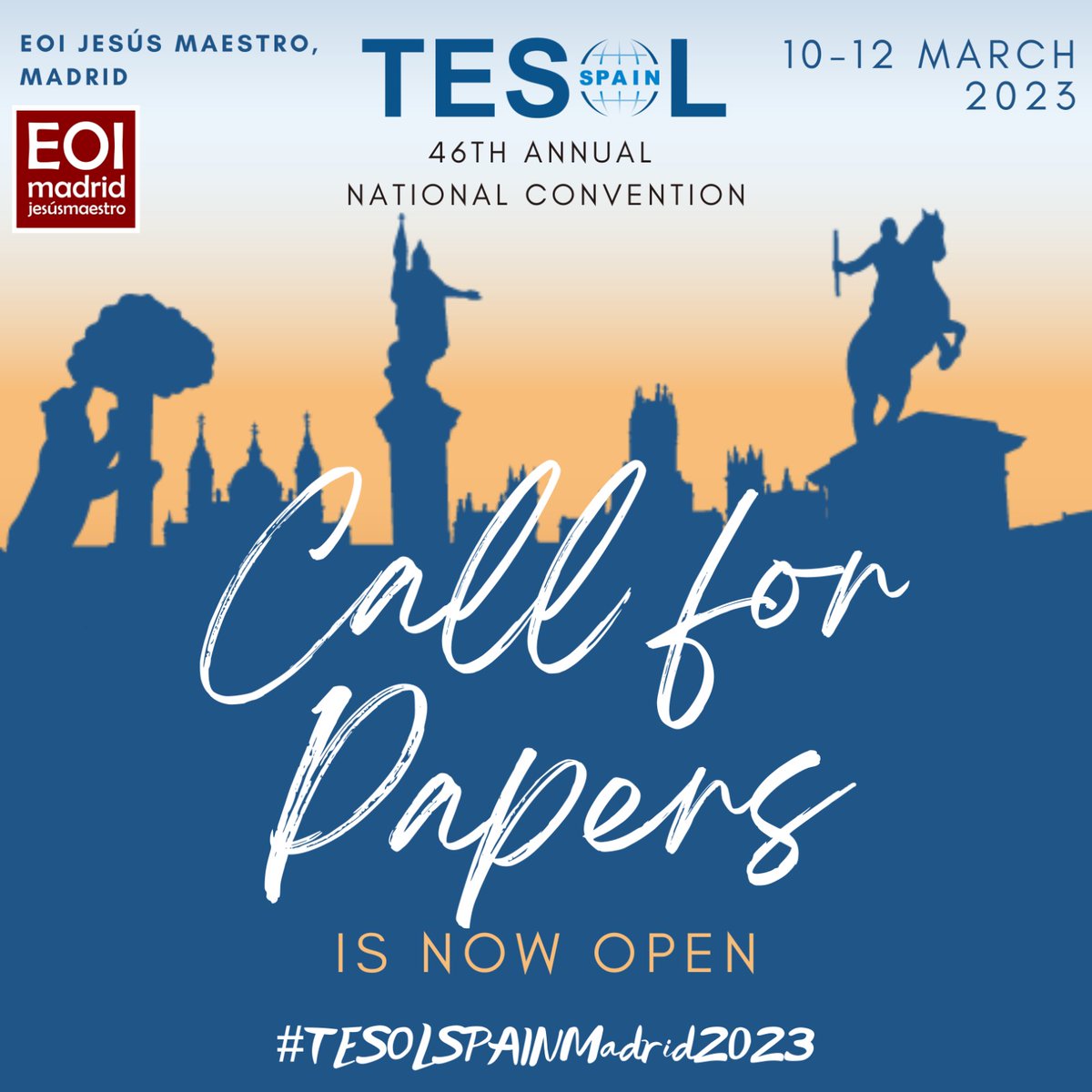 📢 CALL FOR PAPERS IS NOW OPEN!
🔗 tesolspainmadrid2023.com/callforpapers

#TESOLSPAINMadrid2023
<a href="/EOIjesusmaestro/">EOI Jesús Maestro</a> #21idiomas