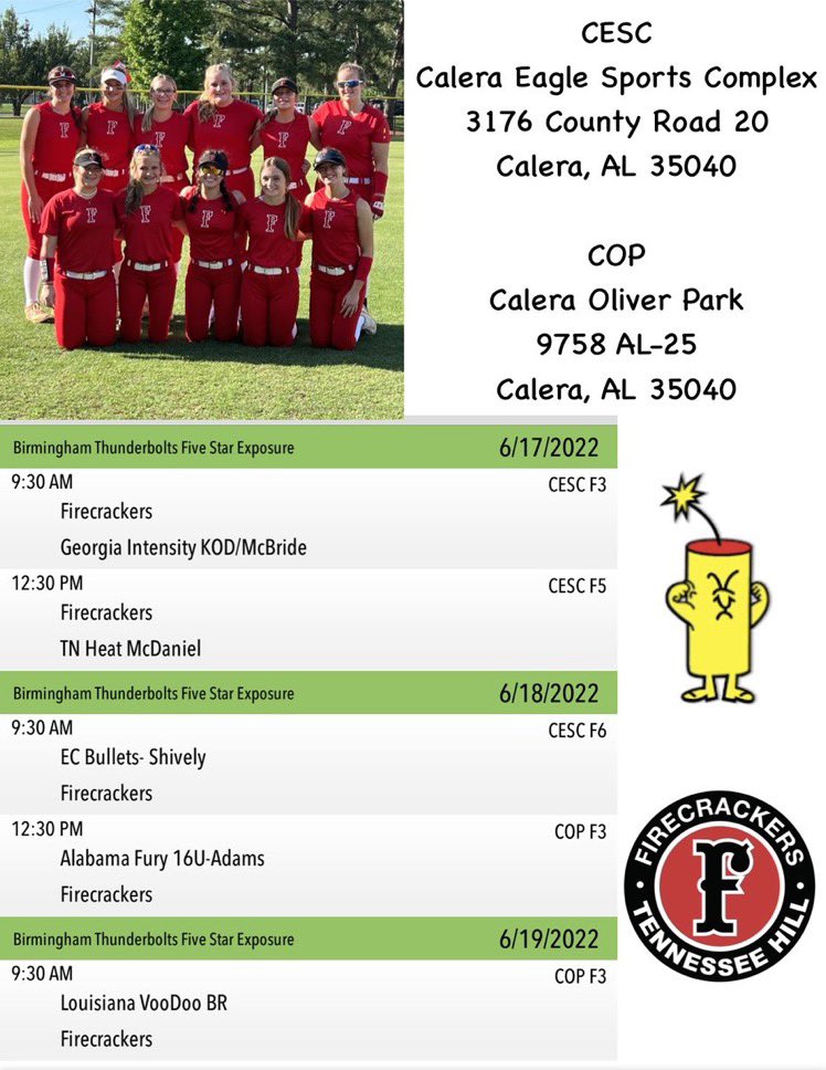 Our schedule for the Birmingham Thunderbolts Five Star Exposure Tournament! Can’t wait to get back on the field with my girls! Come check us out! <a href="/AlabamaSB/">Alabama Softball</a> <a href="/UNCSoftball/">Carolina Softball</a> <a href="/DukeSOFTBALL/">Duke Softball</a> <a href="/clemsonsoftball/">Clemson Softball 🥎</a> <a href="/AuburnSoftball/">Auburn Softball</a>