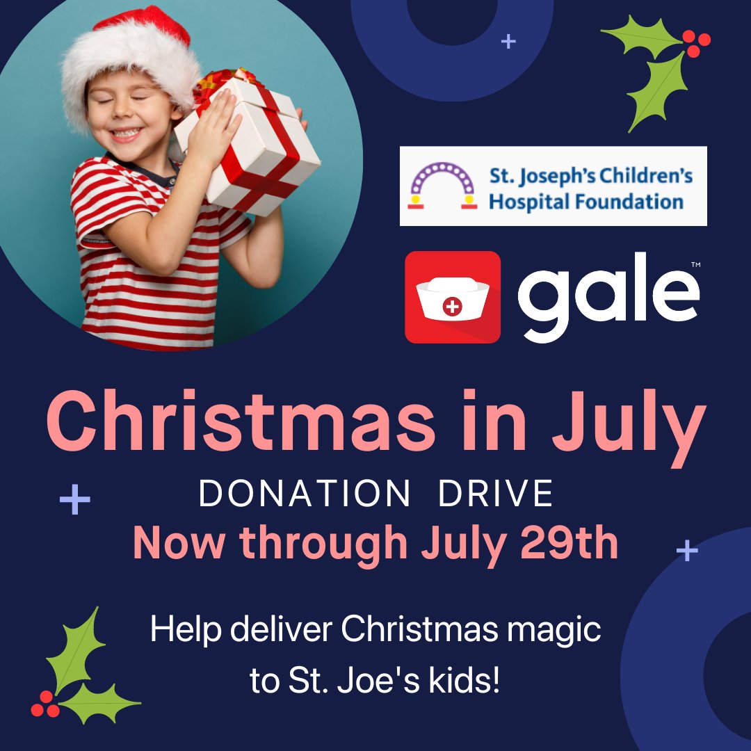 GaleHealthcare's tweet photo. Gale is working with St. Joe’s Children’s Hospital Foundation for their Christmas in July event. We’re helping to raise funds to provide children with activities, experiences, or toys to brighten up their day. Anything helps! Donate here: https://t.co/vKkKpFcz4S
#GaleCares #SCJH https://t.co/38jjkGeWXx