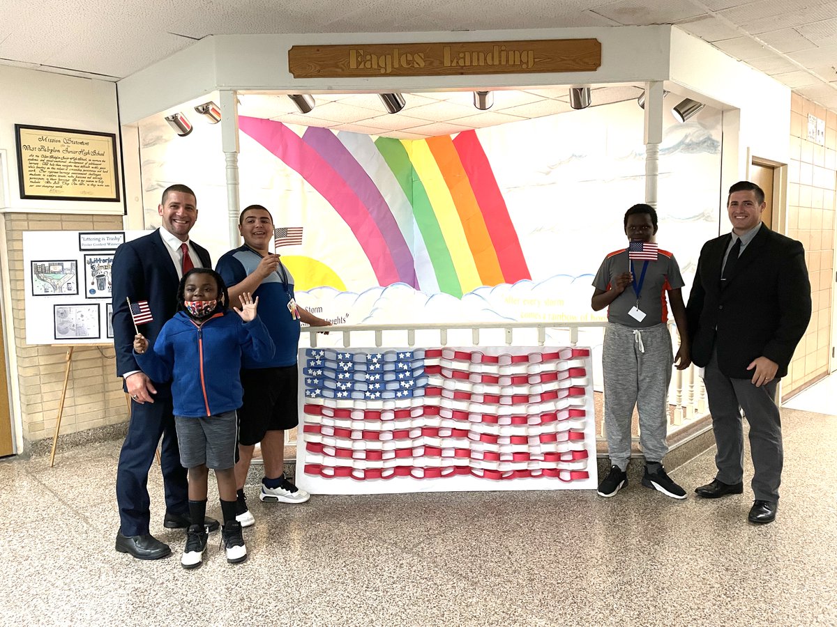 To celebrate Flag Day at the Junior High School, students created a paper chain flag in red, white and blue.