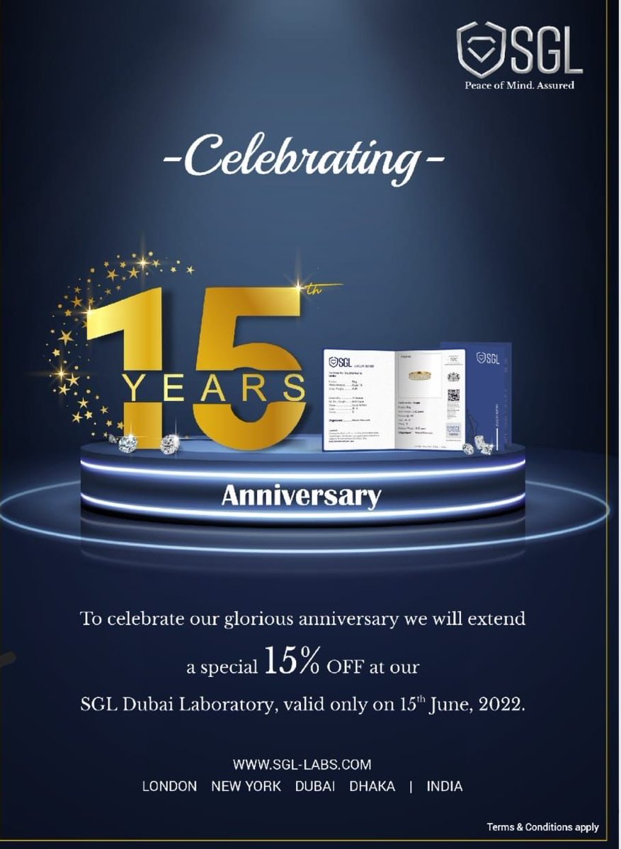 _RJME's tweet image. SGL Celebrating 15 Years Anniversary.

To Celebrate our glorious anniversary we will extend a special 15% OFF at our SGL Dubai Laboratory, valid only on 15th June 2022.

@SGL_Labs 

#diamondtestinglab #diamondlaboratory #diamondtesting #diamondcertification #diamondlab #sgl