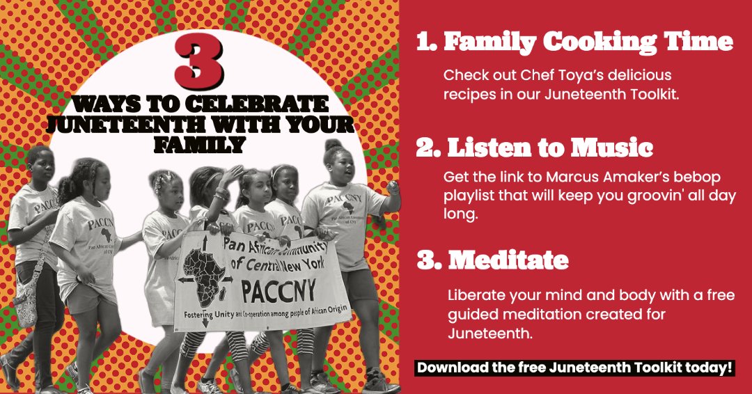 Juneteenth is this Sunday! 🎉

Be sure to download our FREE #Juneteenth toolkit now to get meditations, recipes, playlists and more!  bit.ly/3PEIf7r