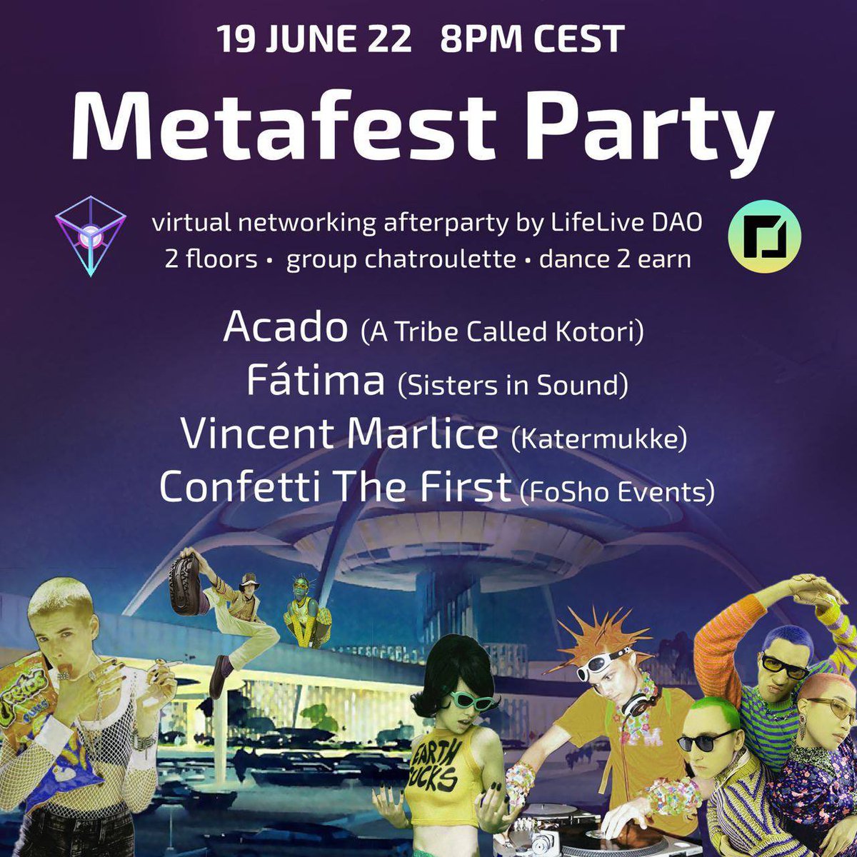 Hey ravers! We’re hosting the after party for Metafest2 💥 

On June 19 the LifeLive digital experience platform brings web3 ravers together, fighting FUD with love, good vibes &amp; rockets!

🚀 Dance2Earn rewards
👯‍♀️ Group Chatroulette
🎶 Kitchen floor &amp; Toilet floor
🇺🇦 Charity NFTs