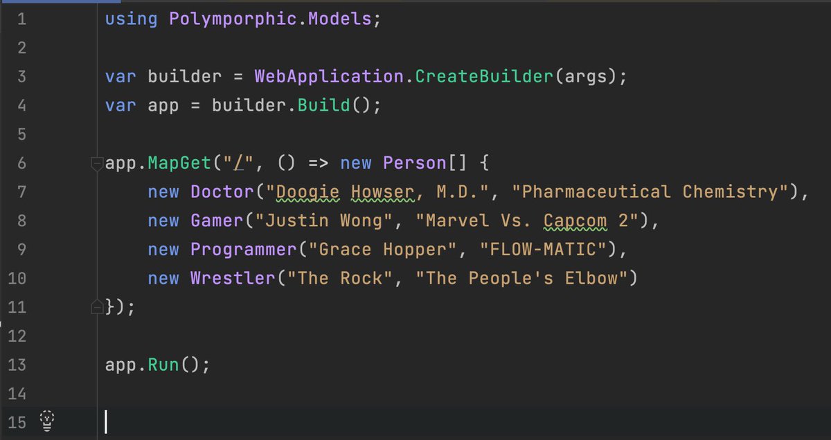 buhakmeh's tweet image. Polymorphic serialization/deserialization in #dotnet 7 preview 5 is neat.

#dotnet folks hate attributes 🤷‍♂️, so I wrote a #sourcegenerator that finds all derived types and creates the attributes for you in a partial class.

@JetBrainsRider made it super easy. #aspnetcore #csharp