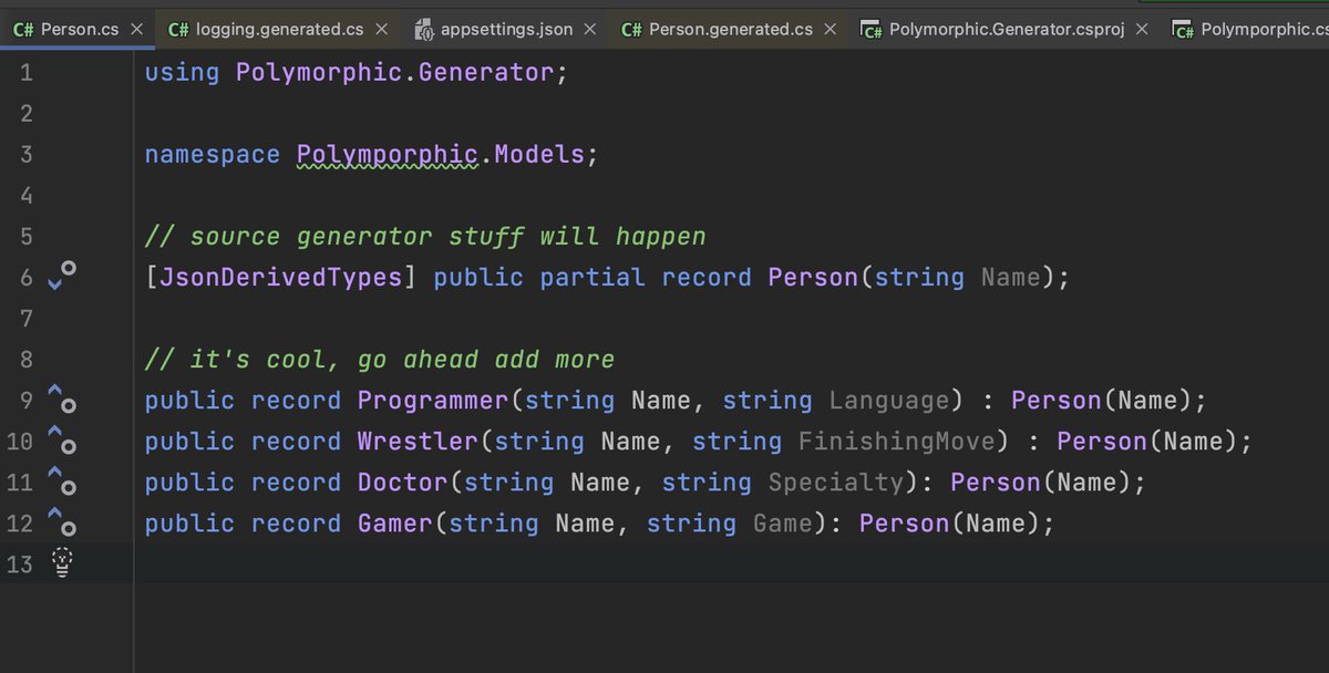 buhakmeh's tweet image. Polymorphic serialization/deserialization in #dotnet 7 preview 5 is neat.

#dotnet folks hate attributes 🤷‍♂️, so I wrote a #sourcegenerator that finds all derived types and creates the attributes for you in a partial class.

@JetBrainsRider made it super easy. #aspnetcore #csharp