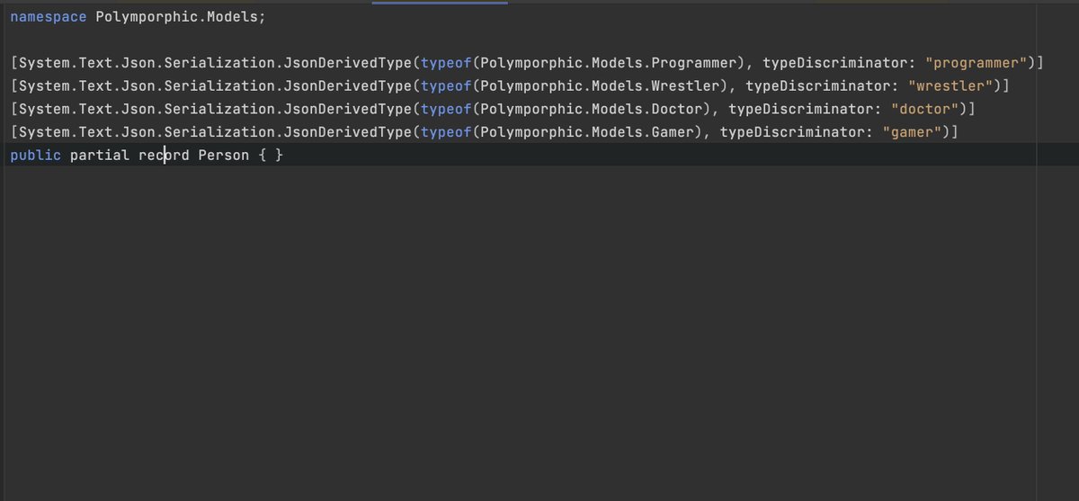 buhakmeh's tweet image. Polymorphic serialization/deserialization in #dotnet 7 preview 5 is neat.

#dotnet folks hate attributes 🤷‍♂️, so I wrote a #sourcegenerator that finds all derived types and creates the attributes for you in a partial class.

@JetBrainsRider made it super easy. #aspnetcore #csharp