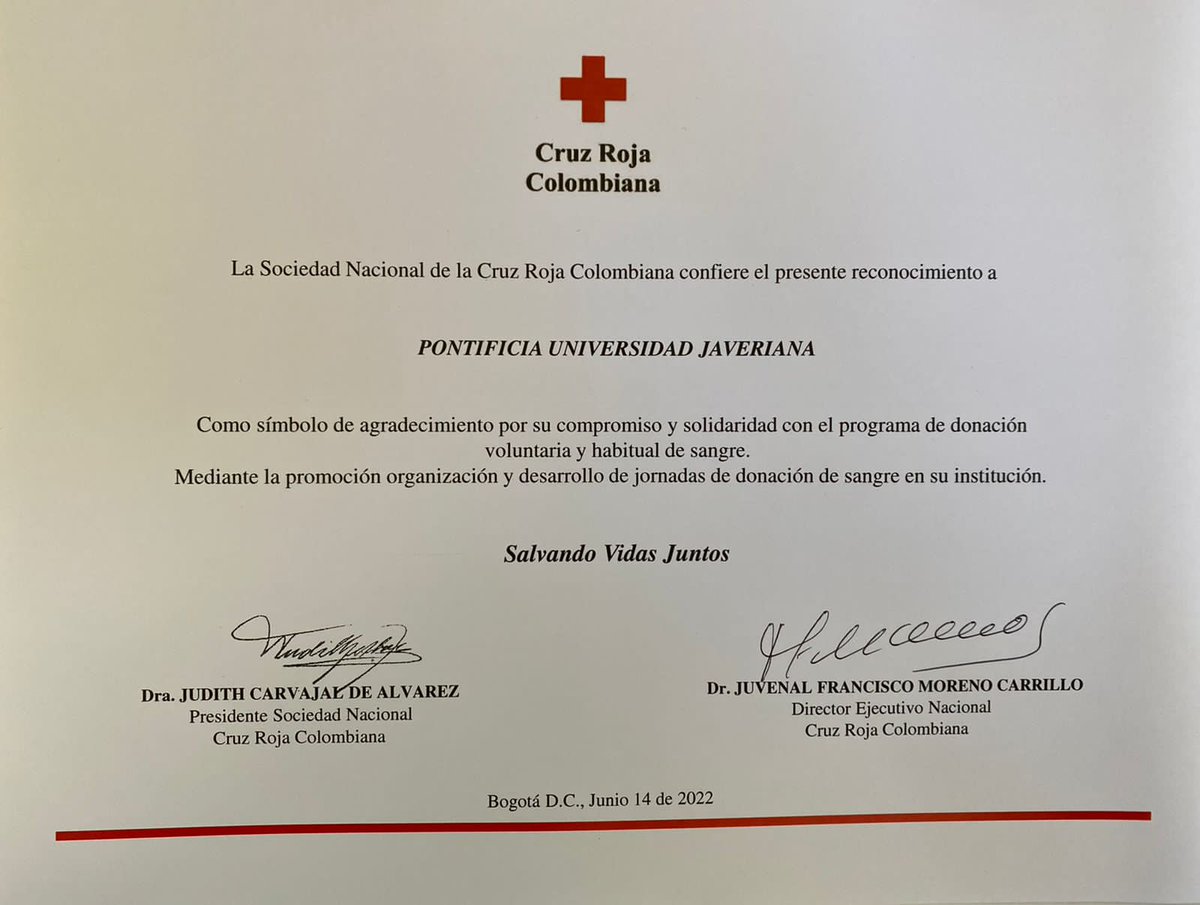 UniJaveriana's tweet photo. En el #DíaInternacionaldeldonante, la 
@cruzrojacol reconoció el compromiso de la Universidad, el Grupo Creemos y el Hospital Universitario San Ignacio, para promocionar, organizar y desarrollar jornadas de donación de sangre. https://t.co/ZNw6SHpkho