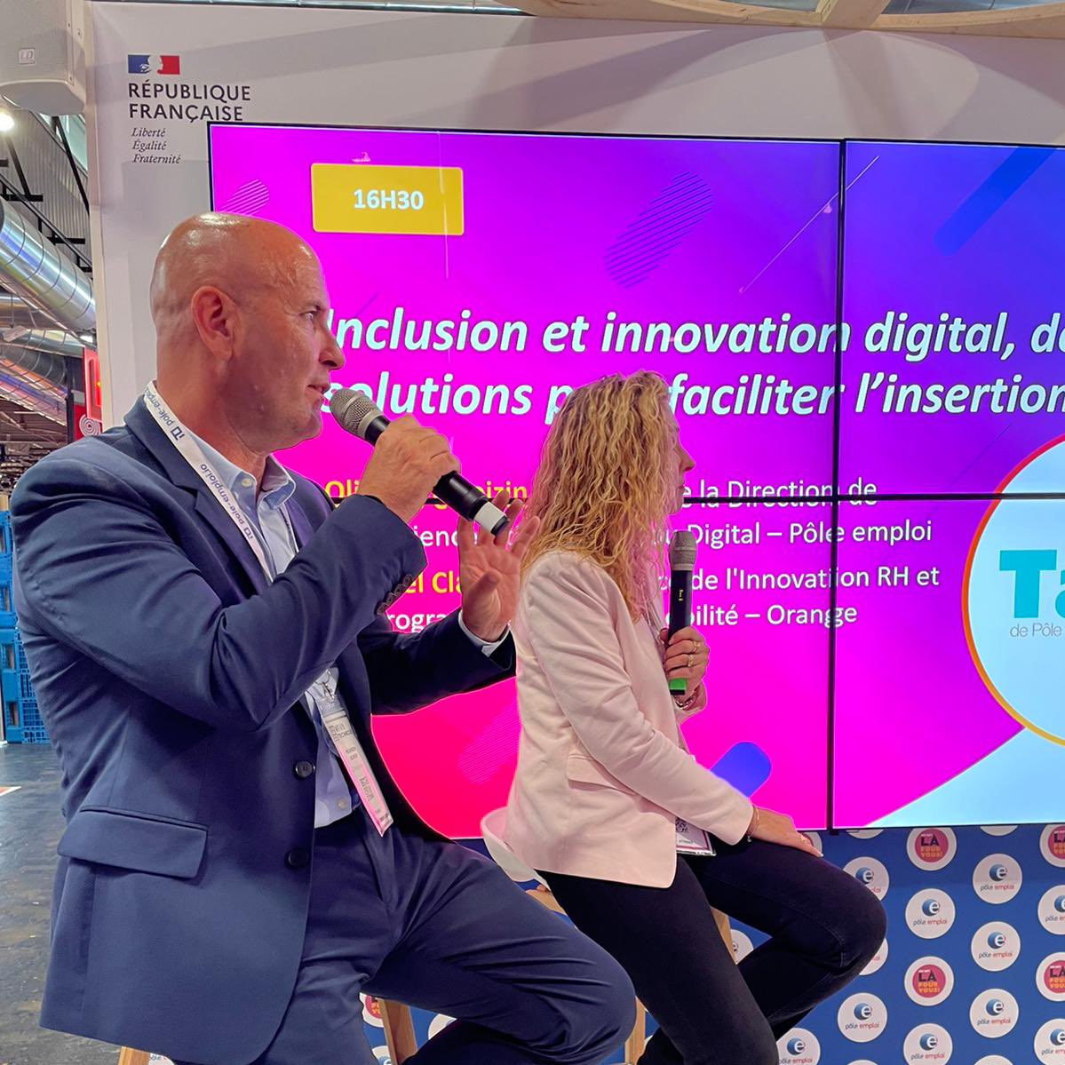 FranceTravail's tweet photo. [Les Talks de @pole_emploi] 
@OPelvoizin explique que pour @pole_emploi, il est intéressant de bénéficier de l’expérience d’@orange. 🧡

« L’application, disponible sur l’Emploi Store, est complémentaire à notre offre de #services » 📲

#VivaTech #VivaTech2022 #AvecPoleEmploi https://t.co/y6vz56y0bY