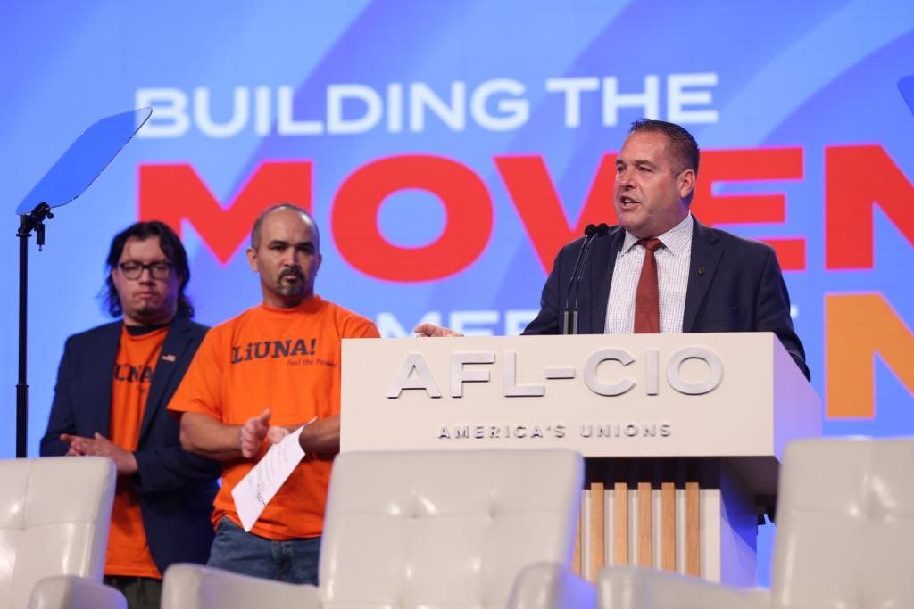 GoIUPAT's tweet photo. IUPAT President @Jimmy_iupat calling on #AFLCIOConv delegates to support immigrant workers who speak out against bosses who exploit them! https://t.co/QksN2Z1Kij