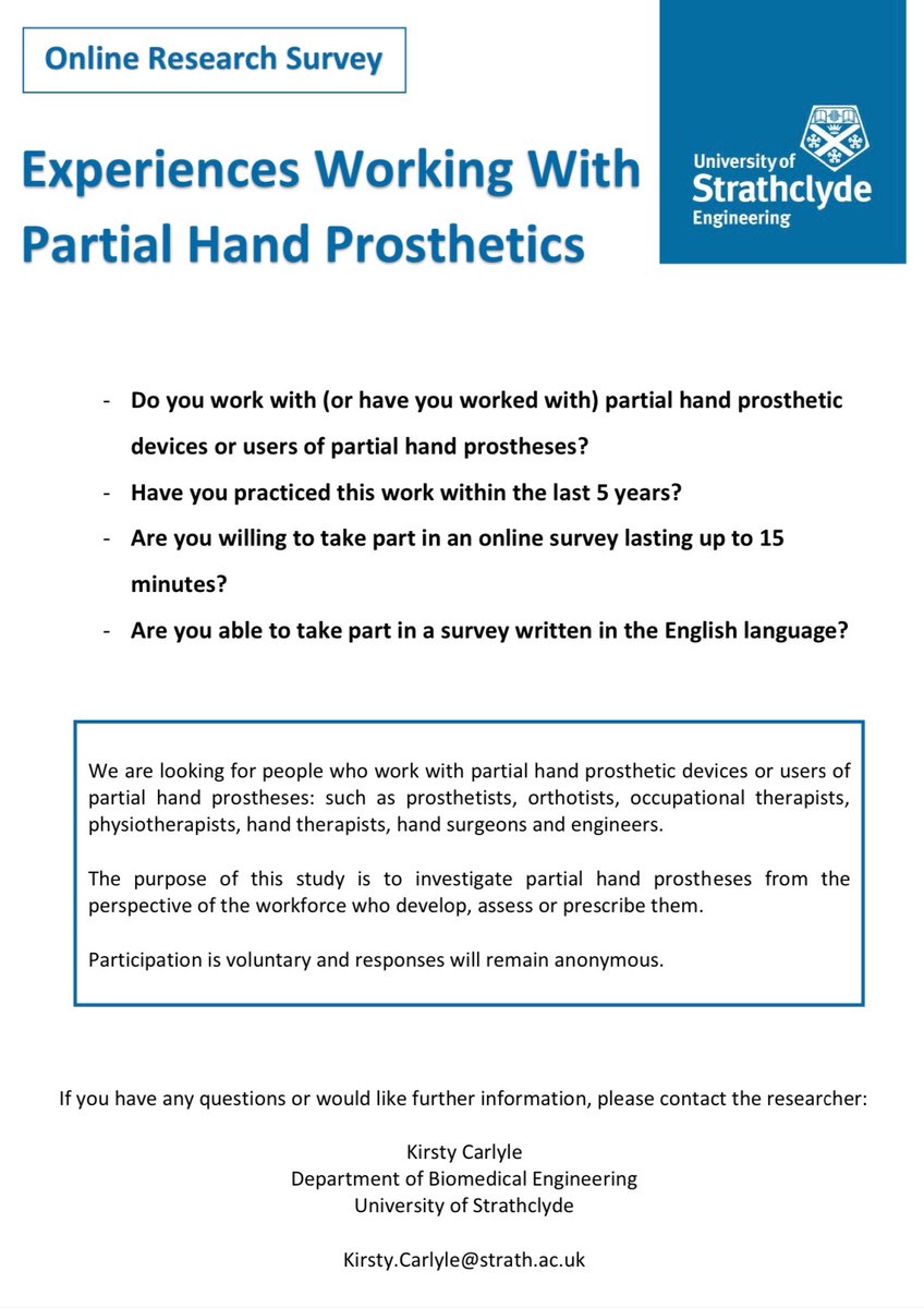 CarlyleKirsty's tweet photo. Do you work with, or have you worked with, partial hand prosthetic devices or users of partial hand prostheses?
We are looking for people to take part in an online survey titled “Experiences Working With Partial Hand Prosthetics”. Link to survey: https://t.co/qwxWHpwcyS https://t.co/WUJsw0aQLK