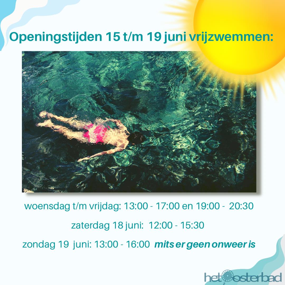 🏊🏼‍♀️Aangepaste openingstijden ivm zon! Tot en met zondag zijn de tijden voor vrijzwemmen: Woensdag 15 juni tot en met vrijdag 17 juni open van 13:00 tot 17:00 en van 19:00 tot 20:30. Zaterdag 18 juni, open van 12:00 tot 15:30. Zondag 19 juni, open van 13:00 tot 16:00 MITS droog.