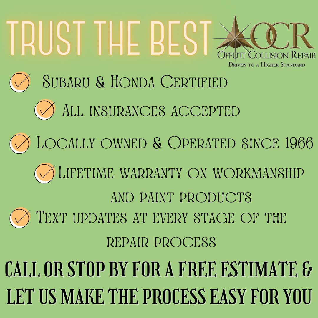 From small dents and scratches to repairs after an accident, trust Offutt Collision Repair to take care of you and your vehicle. Our friendly and experienced staff strive to make the repair process simple and stress free! #OffuttCollisionRepair #OCR #SmallBusiness #LocallyOwned