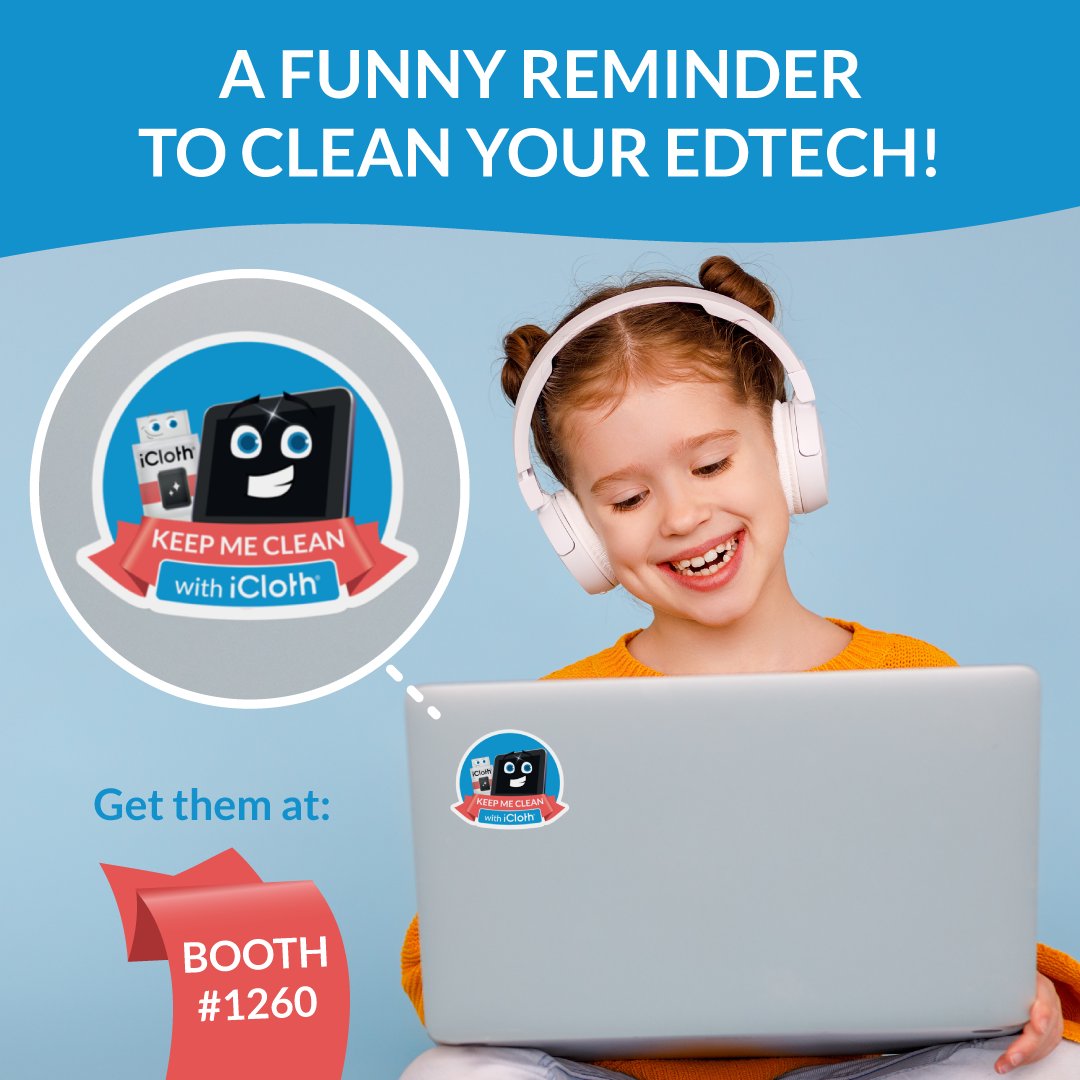 iClothWipes's tweet photo. Remind yourself to keep your EdTech clean with our new stickers! ✨
We'll be giving them away at booth 1260 during  @iste  Live 22.
#iste #istelive #icloth #edtech https://t.co/GSdKuSNsx7