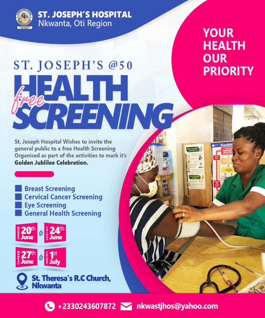 blisstakyi's tweet photo. St. Joseph Hospital, Nkwanta, presents a free health screening exercise starting from 20th June to 1st July,2022. 

Be part of it if you live in and around Nkwanta.

See you there. https://t.co/fHVin5lBVW