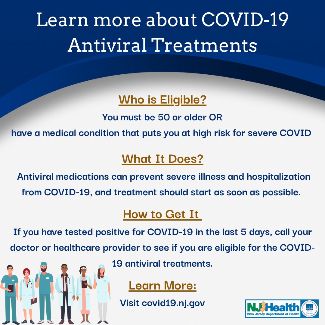 NJDeptofHealth's tweet photo. Have a medical condition that puts you at higher risk for severe COVID-19 and recently tested positive? Call your doctor to see if you are eligible for COVID-19 medication. Learn more: https://t.co/gzEvMp8jfk https://t.co/vZgOHdMvyY