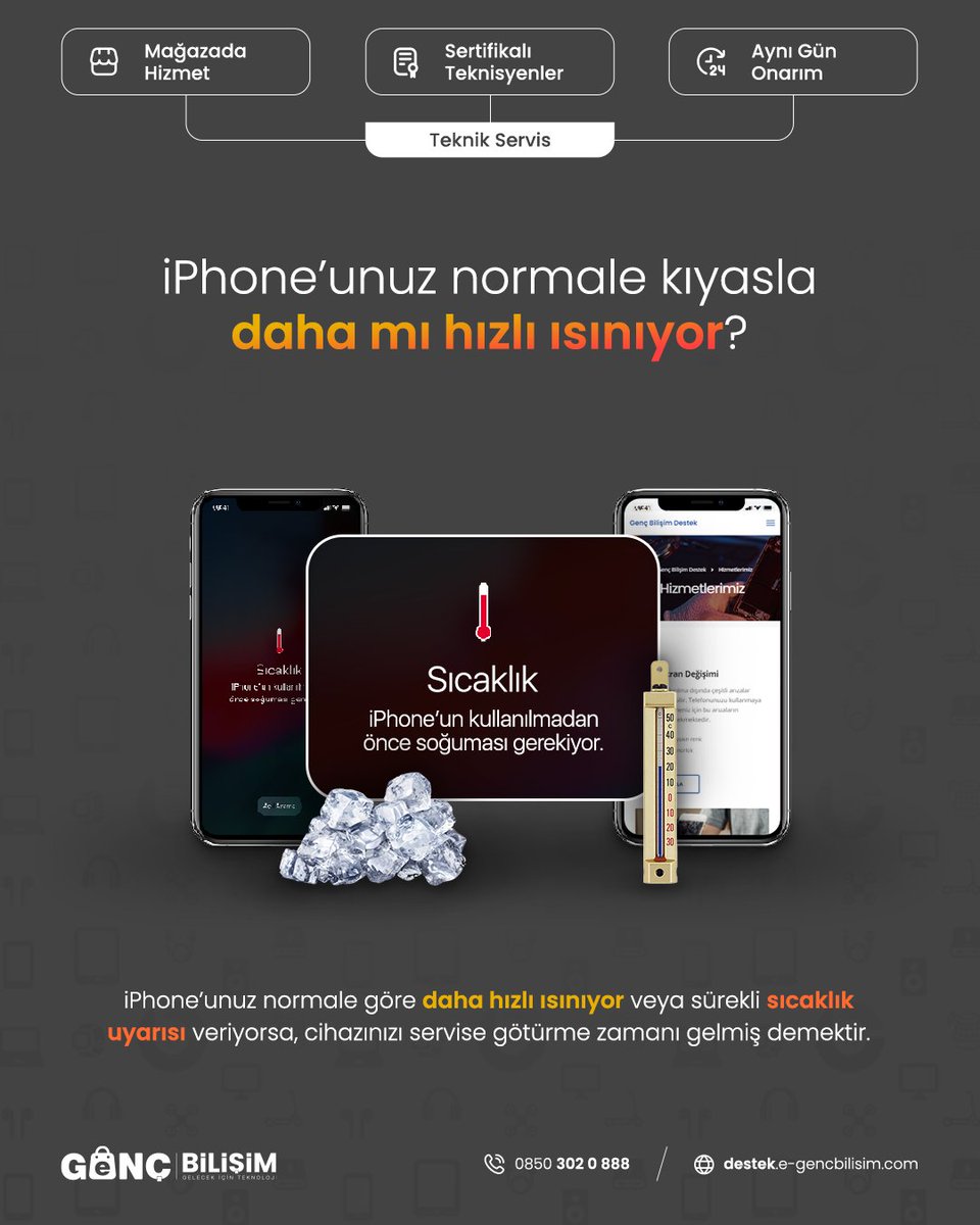 iPhone'unuz normale kıyasla daha mı hızlı ısınıyor? iPhone'unuz normale göre daha hızlı ısınıyor veya sürekli sıcaklık uyarısı veriyorsa, cihazınızı servise götürme zamanı gelmiş demektir.

destek.e-gencbilisim.com
#gencbilisim #egencbilisimcom