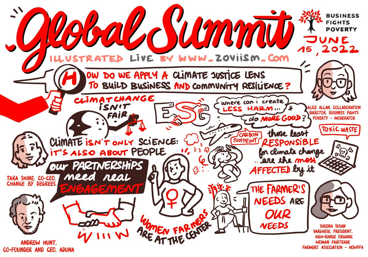 Find out how to apply a #climatejustice lens to build business and community resilience with <a href="/MisterAduna/">Andrew Hunt</a> @AdunaWorld, @shine_tara @changebydegrees, Sheena Susan Varghese at HOWFFA, and our own <a href="/aliceallan3/">alice allan</a> in this illustration from today's webinar.

Thank you for joining us!