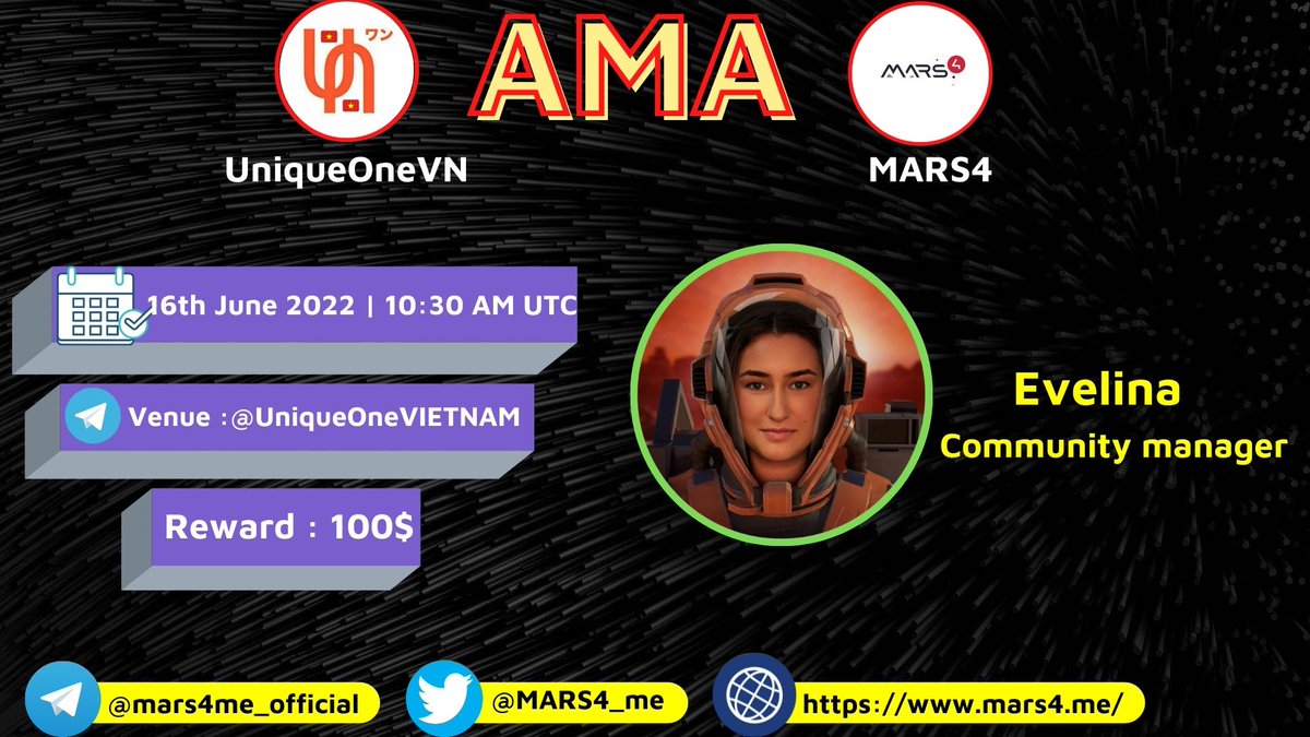 ✅We're pleased to announce our next AMA with #MARS4

✅TG : t.me/mars4me_offici…

✅Venue : t.me/UniqueOneVIETN…

🗓Date &amp; Time : 16th June 2022 | 10:30 AM UTC

Follow Twitter:
@UniqueVietNams
@MARS4_me

Like, Retweet, Ask a question and Tag 2 friends. up to 3 questions