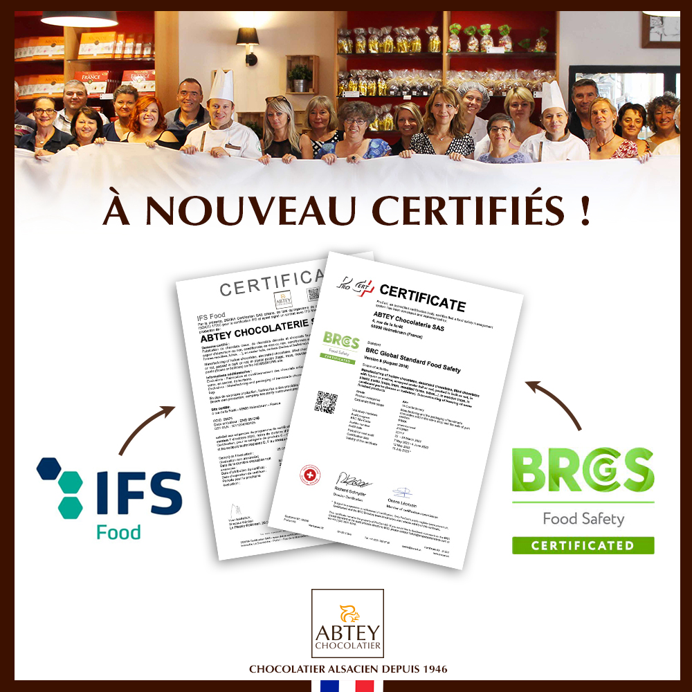 choco_abtey's tweet photo. La chocolaterie Abtey est fière de vous annoncer que nous sommes à nouveau certifiés IFS et BRC, 2 certificats garants de notre implication dans la sécurité des aliments !
#chocolat #pme #securitealimentaire #bienmange #qualite #agroalimentaire  #hygienealimentaire #IFS #BRC https://t.co/YxDSybPyrv