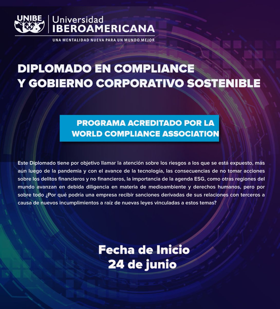 about_ideas's tweet photo. 𝗗𝗜𝗣𝗟𝗢𝗠𝗔𝗗𝗢 𝗘𝗡 𝗖𝗢𝗠𝗣𝗟𝗜𝗔𝗡𝗖𝗘 𝗬 𝗚𝗖𝗦 organizado por la @unibepy, donde nuestra CEO @SusanaRojasSilva forma parte del plantel de docentes.
✔️Fecha de Inicio: 24 de junio
✔️Duración: 5 meses
✔️100% online
Consultas:https://t.co/249mhvnFns
#UNIBEpostgrados https://t.co/tbeRL8oTpV