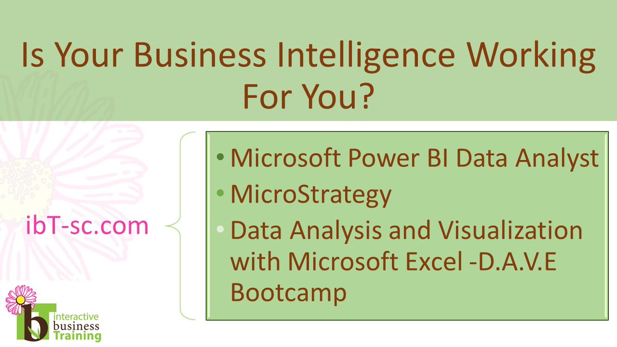Is Your Business Intelligence Working For You? 🤔
Check Out These Classes On Our Website To Learn More! 👍
Links Are Listed Below For Your Convenience! 🌻

ibt-sc.com/pl-300-microso…

ibt-sc.com/microstrategy/

ibt-sc.com/.../data-analy…

#businesstraining #certificationcourse