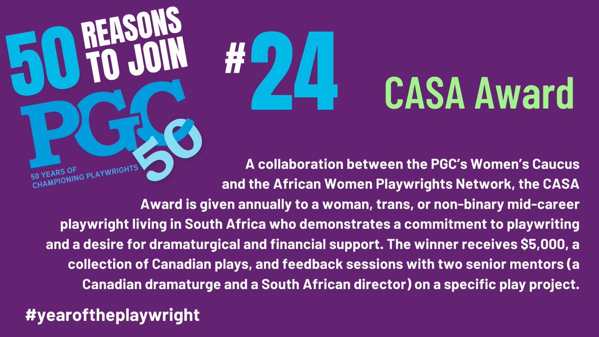 PGuildCanada's tweet photo. The countdown continues as we list 50 REASONS TO JOIN PGC!
Reason #24: CASA Award
Discover something new at PGC and start your membership today! #pgc50 #yearoftheplaywright #canadianstories https://t.co/TVrPLstl7F