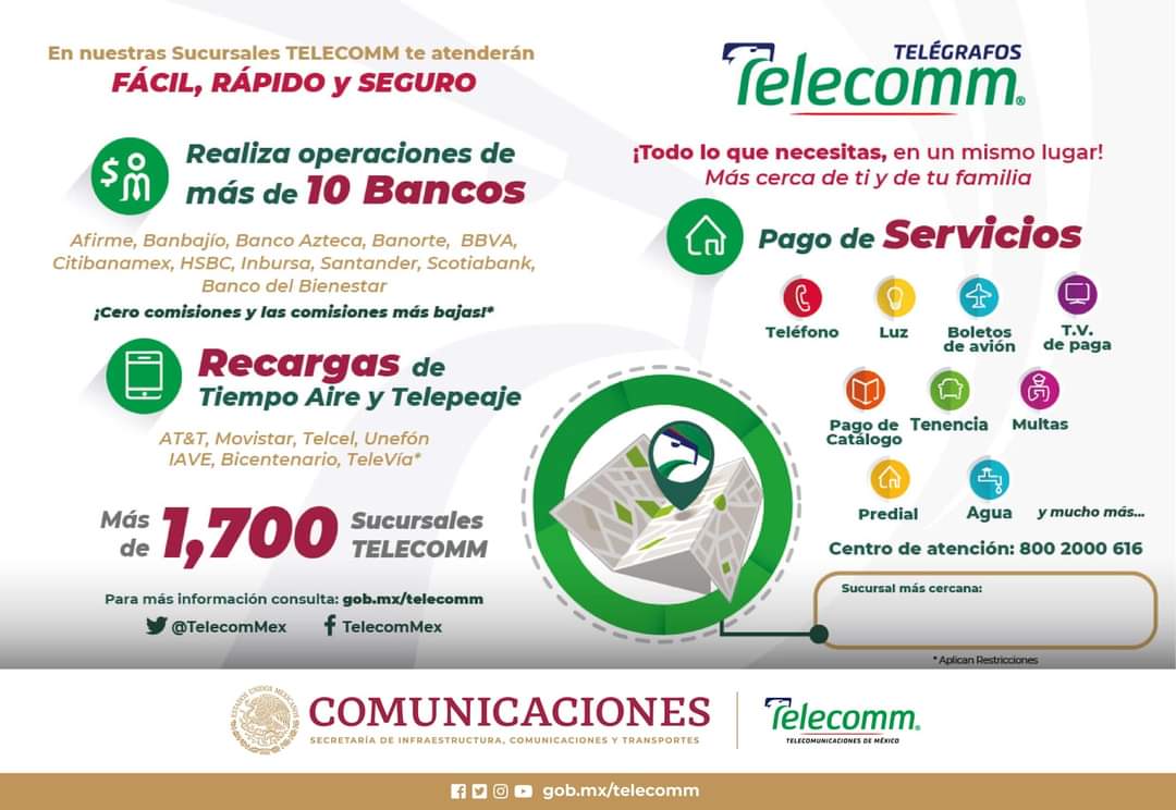 Telecomm_Gto's tweet photo. ¡En #TELECOMM vamos a donde nadie llega!
¡Conoce los servicios que te ofrecen nuestras más de 1,700 #Sucursales!
Visitanos en @Telecomm_Gto
#TELECOMMex #Telecomm_Gto #Telecomunicaciones #TELECOMM https://t.co/Bt2OIAH5Yj