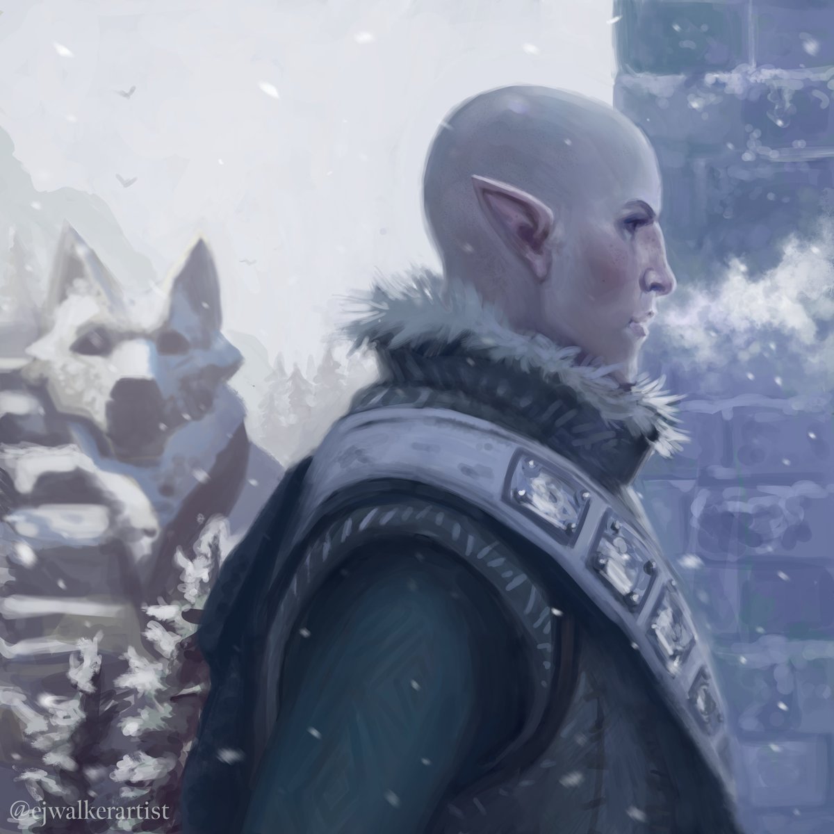 So I had to make new Dragon Age fanart, because #DragonAgeDreadwolf is happening!🐺💙 Going to be selling prints of this one at Forest City Comicon on June 25!!! #DragonAge4 #dragonage #solas #fantasyillustration #fanart