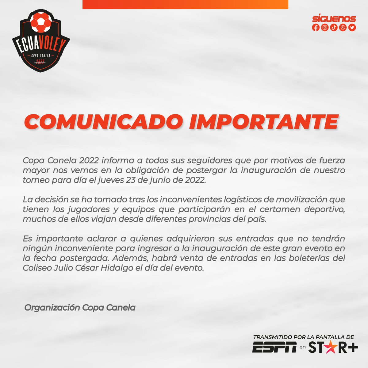 RadioCanelaEC's tweet photo. ¡ATENCIÓN! 🚨

La #CopaCanela2022 informa que por motivos de fuerza mayor, se procede a postergar la inauguración de nuestro torneo para el día jueves 23 de junio de 2022. https://t.co/3F5mykf6X4