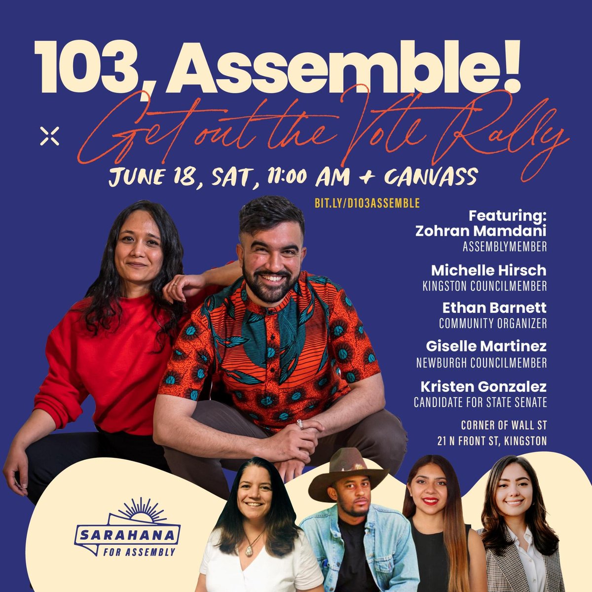 sarahana's tweet photo. 📣We're kicking off the biggest stage of our campaign with our biggest canvass yet. But first, we're assembling for a massive rally with special guests @ZohranKMamdani, @michelehirsch9, @Gonzalez4NY and more!

🙌Join us this Saturday at 11 AM in Kingston!

https://t.co/By7lXimWWD https://t.co/oAQn3xcz2m