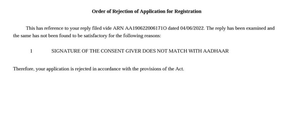 BimalGST's tweet photo. See the reason of Rejection Order of Registration Application...?? https://t.co/EJNif9KRM8