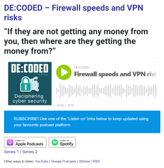 DECODEDcyber's tweet photo. Firewall speeds and VPN risks (S2E2)

Plus!
🔸 Intro to XDR
🔸 Can you trust VPNs?
🔸 #SecurityLifeHack!

https://t.co/gsXcFlksE4

#cybersecurity #podcast

ft. @dcuthbert @Luis_Corrons @netsecopen @ChadSkipper https://t.co/L3FvtsQRbd