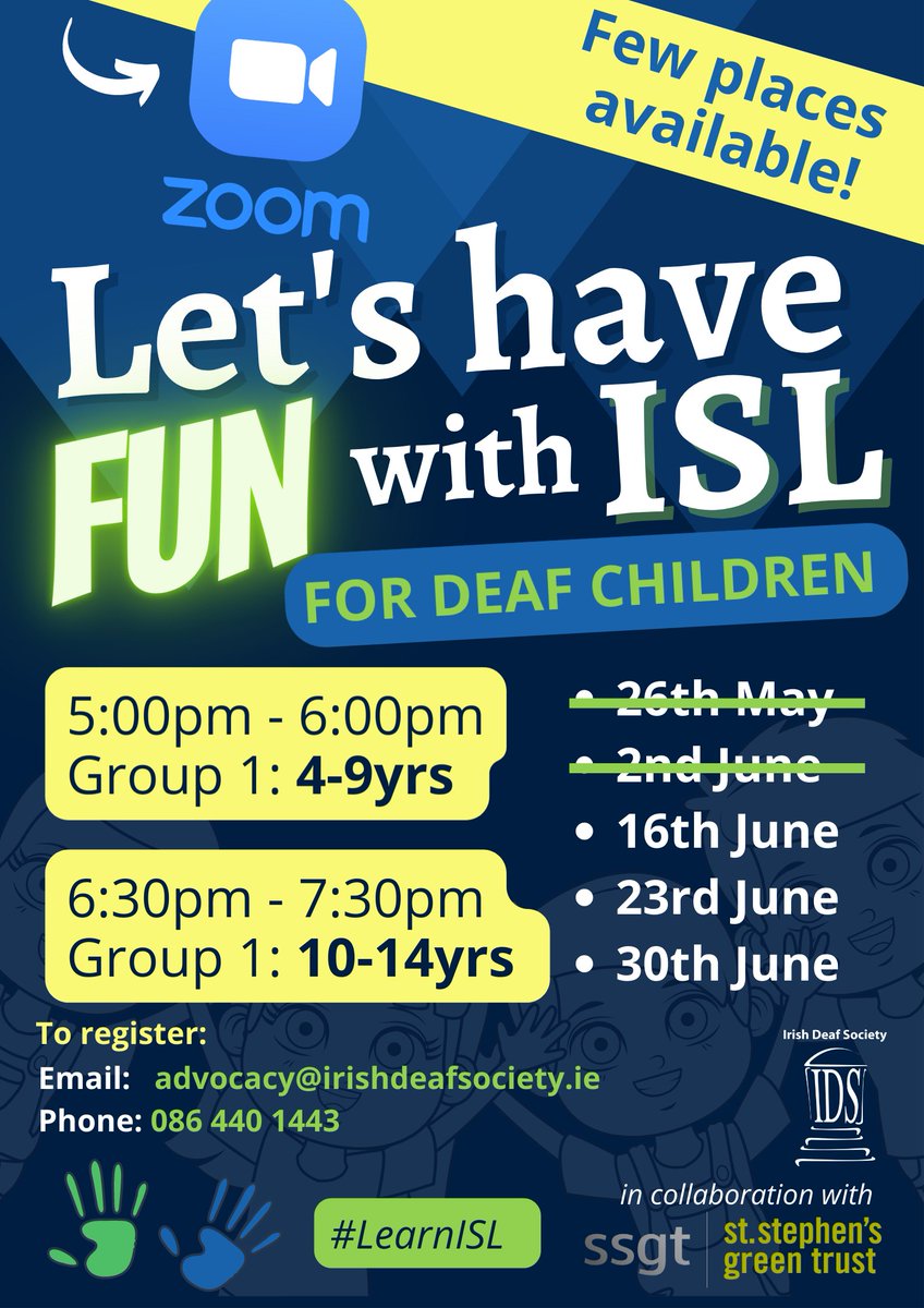 IrishDeafSoc's tweet photo. FUN ISL classes - few places still available and it is not too late to join! :)

Register: 
Email: advocacy@irishdeafsociety.ie
Text/Phone: 086 440 1443 https://t.co/yOiP8LmaQp