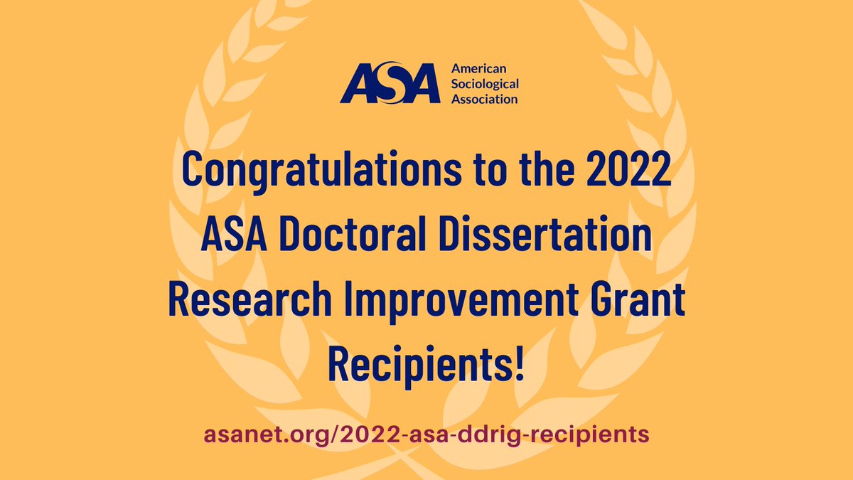 ASA is pleased to announce the 2022 ASA Doctoral Dissertation Research Improvement Grant recipients. These 27 exceptional research projects by a diverse group of advanced graduate students were chosen for their intellectual merit. bit.ly/3QmPbX1
(Thread 1 of 2)