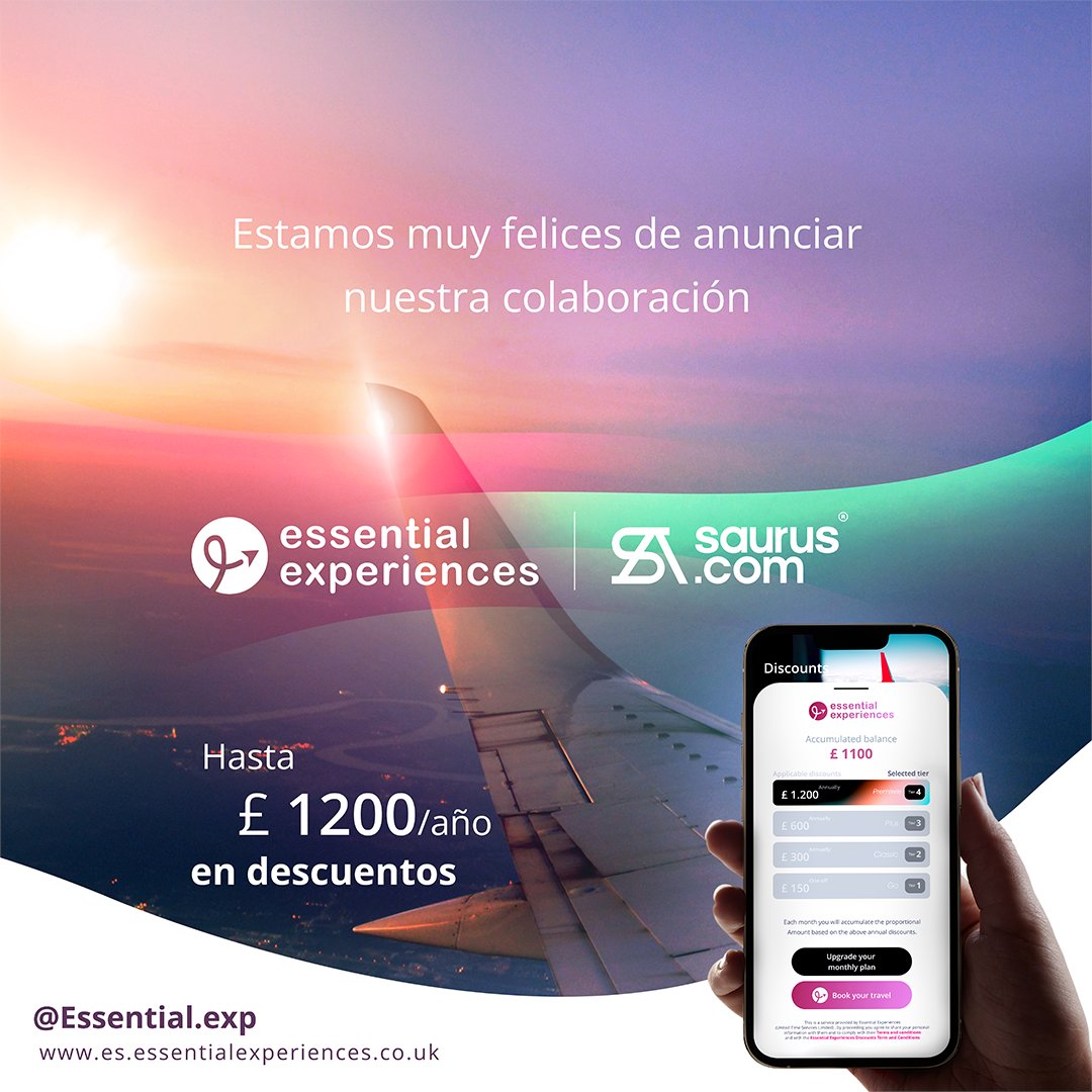 Saurusdotcom's tweet photo. ¡𝗟𝗹𝗲𝗴𝗮 𝗘𝘀𝘀𝗲𝗻𝘁𝗶𝗮𝗹 𝗘𝘅𝗽𝗲𝗿𝗶𝗲𝗻𝗰𝗲𝘀 𝗮 𝗦𝗮𝘂𝗿𝘂𝘀!

Ahora solo por ser de Saurus, os regalamos cupones para viajar en Essential Experiences ✈️

💷 Acumula cupones mensuales y consigue hasta 1200£ para canjear en estupendos viajes 🧳 

https://t.co/sTN5K8lrX8 https://t.co/vIkjAvAsHi