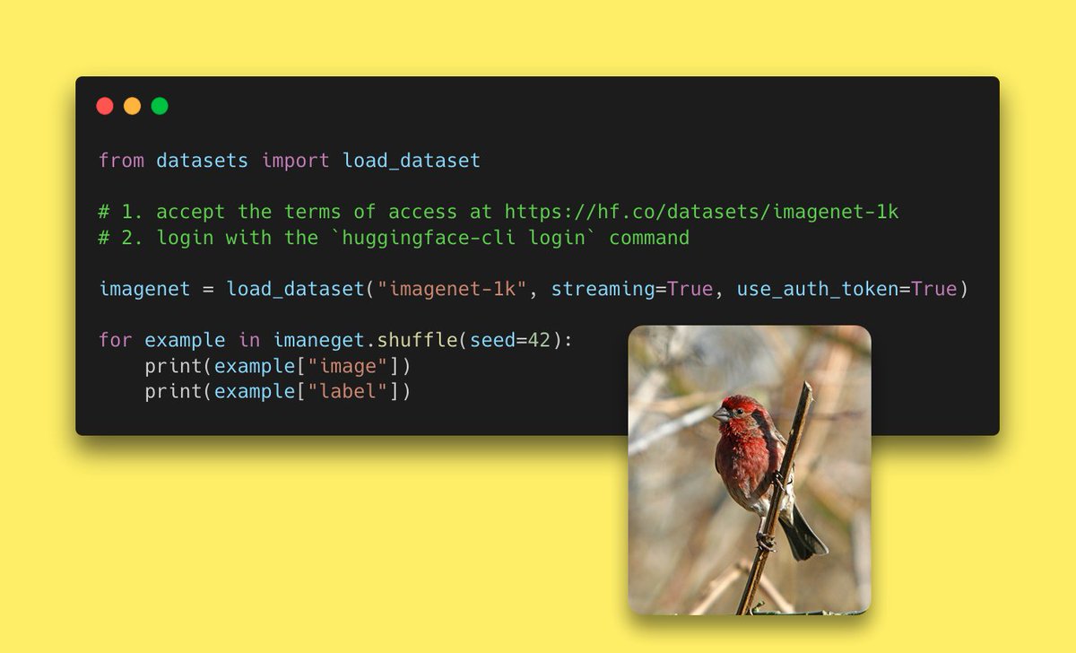lhoestq's tweet photo. We just released 🤗Datasets 2.3 !

📚New datasets:
- Load ImageNet easily (no more manual download!)
- BigBench🔥, QuickDraw, TruthfulQA, etc.

⚡️New features:
- More optimized to_tf_dataset() to play with @TensorFlow
- Stream datasets in parallel with the @PyTorch DataLoader https://t.co/zWK1N2mOOd