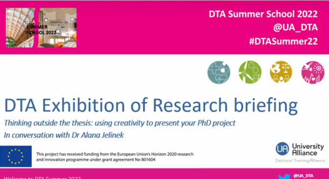 UA_DTA's tweet photo. Fascinating ‘in conversation’ with @evcrabtree  @alana_jelinek on using art &amp; creativity to present PhD projects. A great way to support preparations for our ‘Exhibition of Research’ at #DTASummer22 #creativity #PhDlife @PhD_Brighton @UHertsResearch https://t.co/baj7eI2ipk