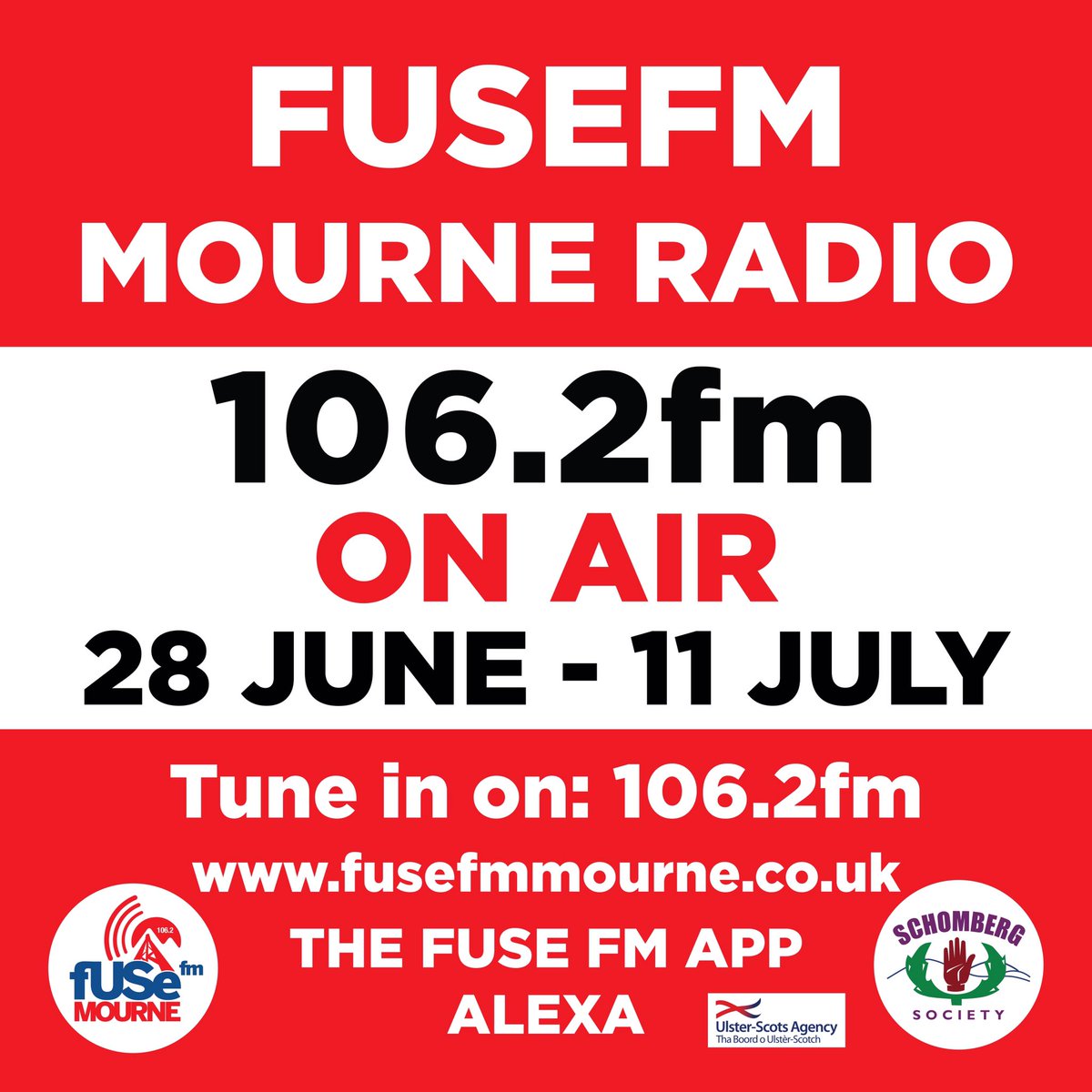 SchombergSoc's tweet photo. We are delighted to announce that our #UlsterScots Community Radio Station FUSEFM MOURNE will be returning to the airwaves this summer!
The radio broadcast will kick off on TUES 28TH JUNE and will be broadcasting daily right up until MON 11TH JULY!
#106.2fm #TuneIn #Fusefm https://t.co/S465zp5a6l