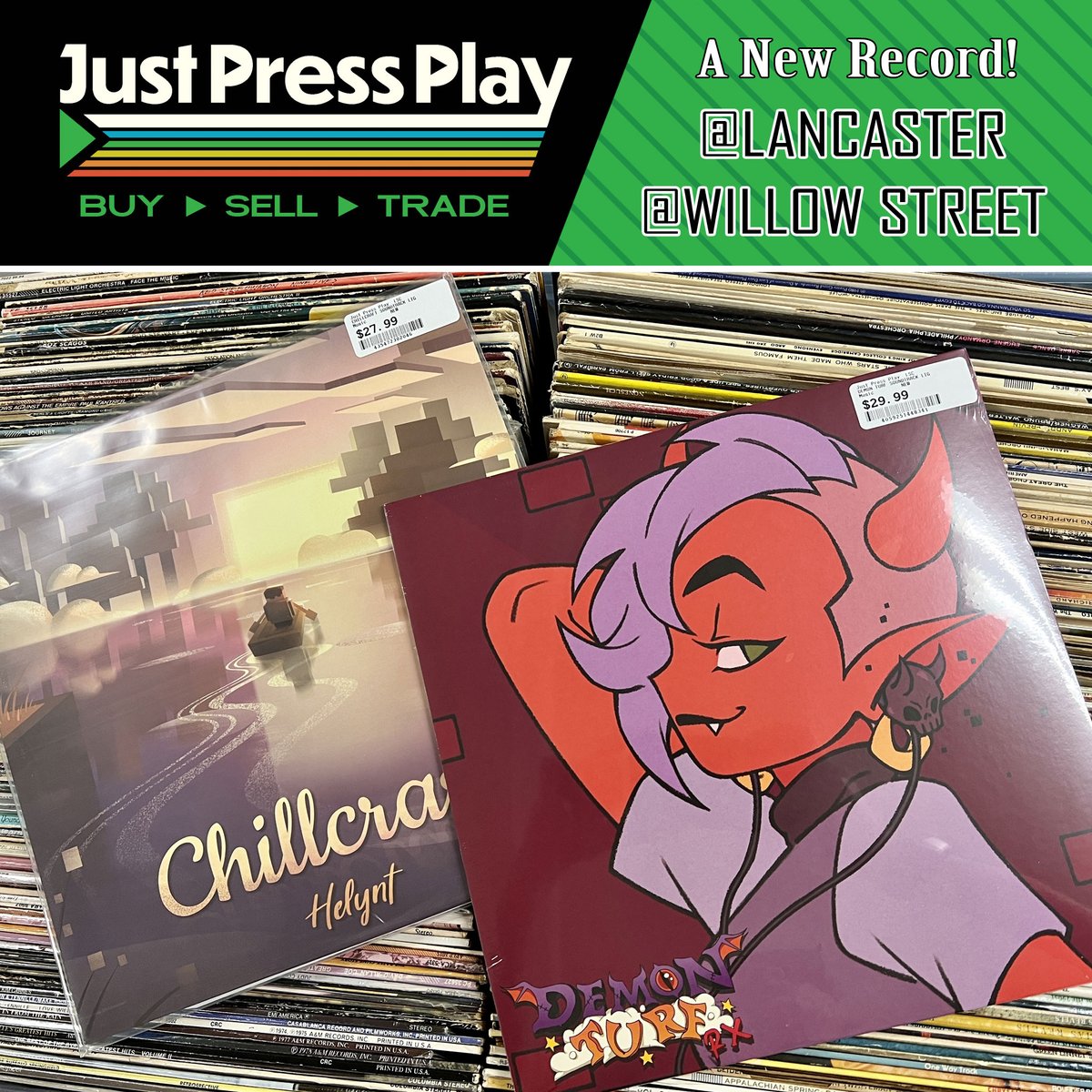 Just_Press_Play's tweet photo. New vinyl soundtracks! 🎶
Chillcraft (lo-fi Minecraft remixes arranged by Helynt, purple vinyl)
Demon Turf - The RX Album (purple vinyl)
Available now on vinyl records at Lancaster and Willow Street.
#chillcraft #minecraft #demonturf #vinylrecords https://t.co/BKHPqeQsbI