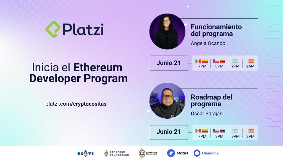 Inicia el Ethereum Developer Program 🔥

Fecha: Martes 21 de Junio
Hora: 7pm🇨🇴🇲🇽/8pm🇻🇪🇨🇱/9pm🇦🇷
Lugar: platzi.com/ethprogram 

Será EN VIVO, abierto y TODXS pueden ser parte.

+ 20 mentores
+ 3 meses de retos colaborativos
 Talent Fest y sorpresas para lxs seleccionadxs

🧵👇🏻