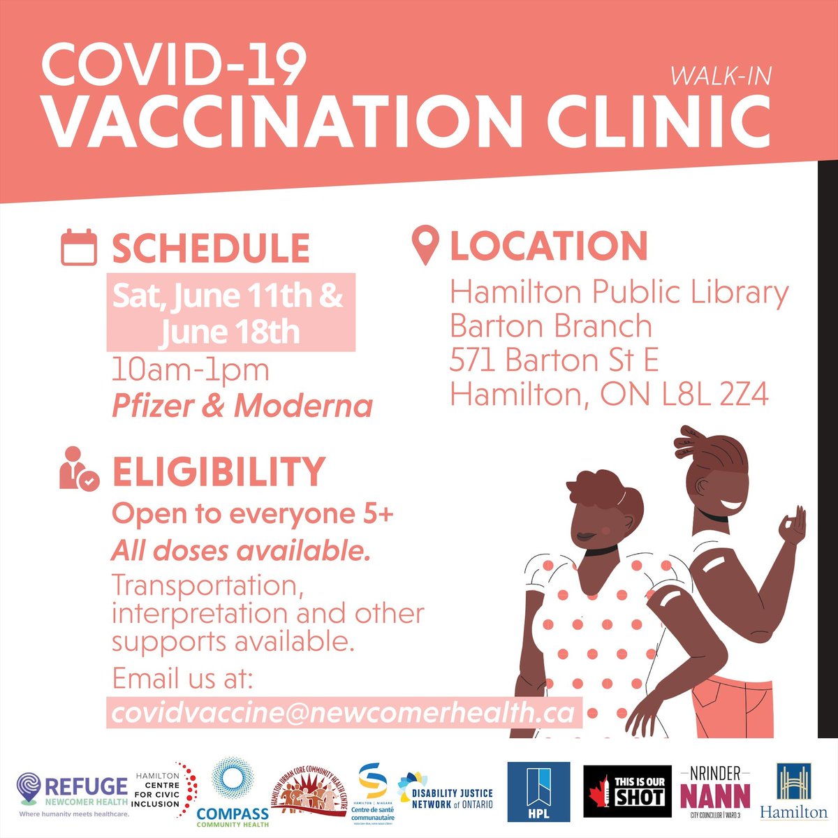 📣 #COVID19 vaccine clinic 📣 Run by <a href="/Refuge_HCNH/">REFUGE Newcomer Health</a>
 
🗓️ June 18th, 2022
📍<a href="/HamiltonLibrary/">Hamilton PL</a>

 Barton Branch 571 Barton St. E
⏱️ 10am - 1pm

1st/2nd/3rd/4th dose open to everyone 5+

Email covidvacccine@newcomerhealth.ca for more info

#COVIDHamOnt #HamOnt