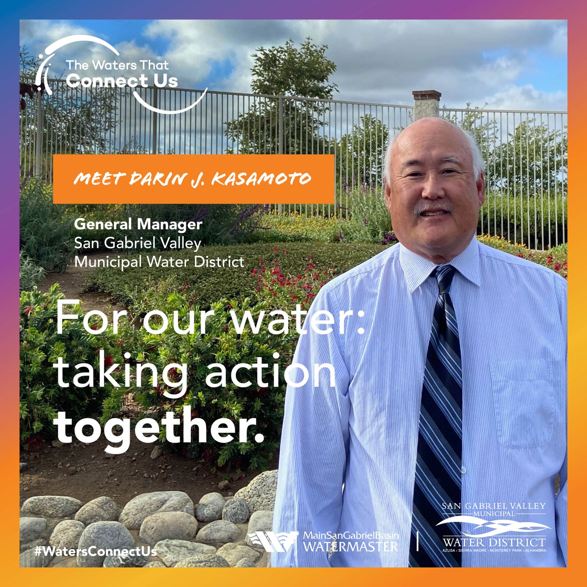MSGBWatermaster's tweet photo. Meet Darin Kasamoto, P.E. and GM of the San Gabriel Valley Municipal Water District (@SGVMWD). To him, ‘For our water: taking action together’ means that we all need to work together to manage water responsibly. Water is a precious resource that many take for granted. #save15 https://t.co/2yk2VHH3zs