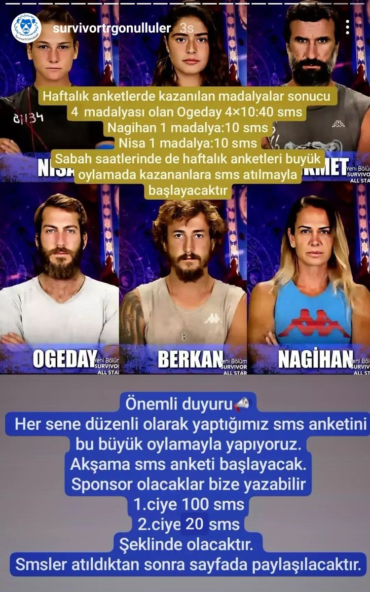 ogfcanket's tweet photo. Akşam başlayacak olan sms anketi için şimdiden Instagram @/survivortrgonulluler sayfasını takip edelim.
#ogfc  #OgedayGirişken https://t.co/GqdsvGWvoF