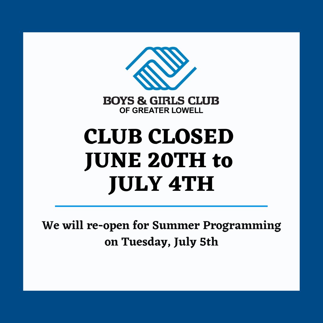 The Club will be closed for Staff training as we prepare for Summer programming from Monday, June 20th through Monday, July 4th. We will reopen for Summer Programming (9AM to 6PM) on July 5th. 

To register for summer, please visit lbgc.org/join/ 

#Clubclosed #Summer