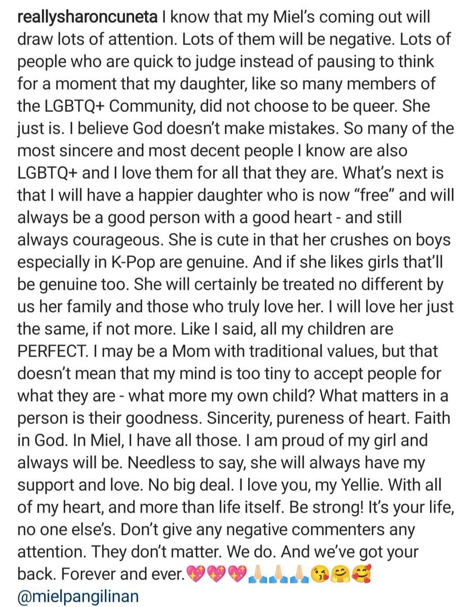 talk_posh's tweet photo. "No big deal! I know that my Miel's coming out...She will always have my support and love."

Sharon Cuneta expressed her support for her daughter Miel Pangilinan, who just came out as a member of the LGBTQIA+ community, 
  
Ctto 
#pridemonth #queer #LGBTQ #PrideMonth2022 https://t.co/pFirxnvpAh