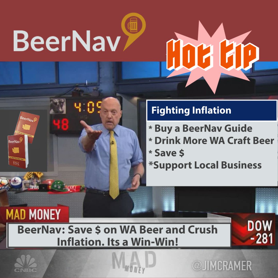 BeerNav's tweet image. Crush the impacts of inflation as you crush more beers! BeerNav can help you save on pints, flights, merch and more. Order your BeerNav guidebook to WA craft breweries today.

Cramer from Mad Money thinks so too 😜

Visit beernav.com for more info.

#wabl #wabeer