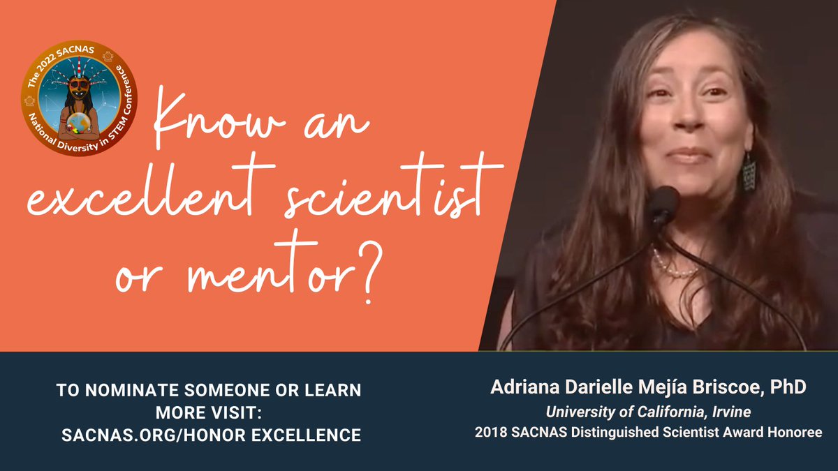SACNAS's tweet photo. Know an excellent #scientist or #mentor?
Distinguished Awards celebrate 🎉 those who live the SACNAS mission year-round. Through 6/20 nominate someone or learn more: https://t.co/r82yhQuwtO
Need some inspiration? See our past awardees https://t.co/sAdsuhqLTS
#ExcellenceinSTEM https://t.co/FtdndNShns