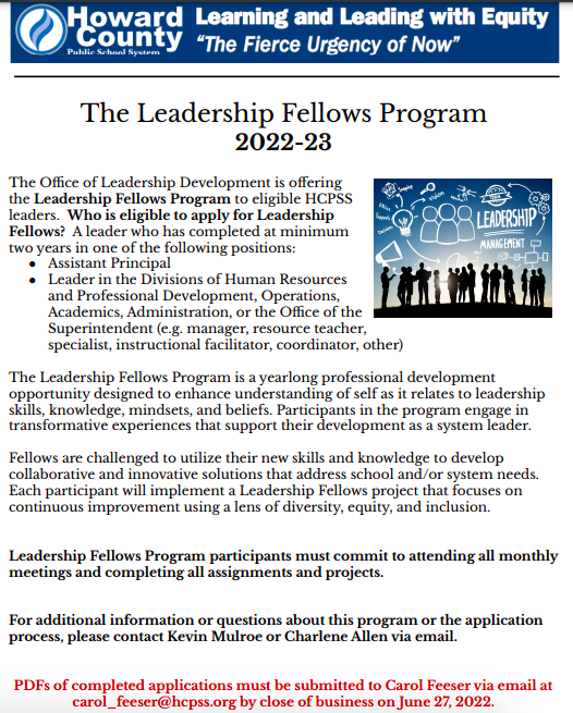 HCPSS_LeaderDev's tweet image. The Office of Leadership Development is currently accepting applications for the Leadership Fellows Program. Deadline for applications is June 27. See link and flyer for eligibility and more details. 
hcpss.instructure.com/courses/9483/p…